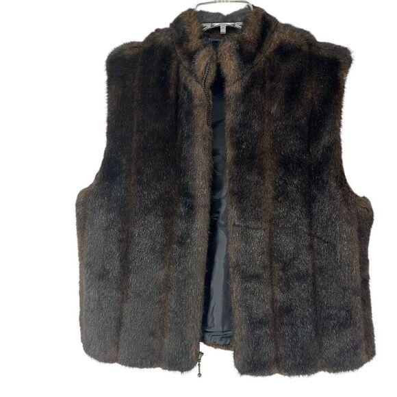 Faux Fur Vest Brown Preston York Full Zip Womens Size M Classic Mock Neck Lined - Picture 7 of 11